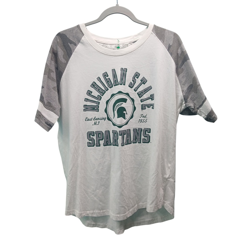 Michigan State Spartans Raglan Tee Three Square Camo Sleeve White‎ Grey XL